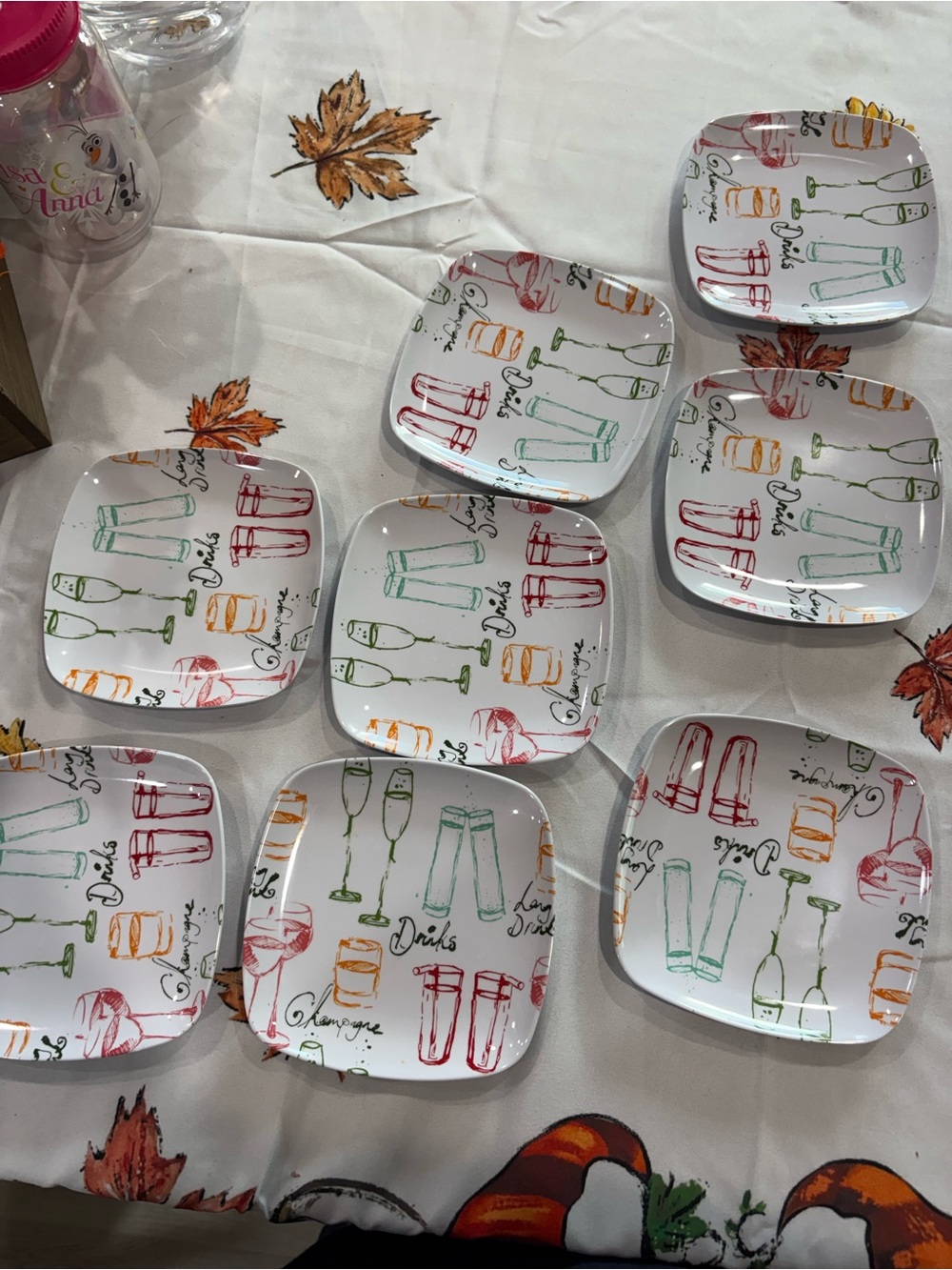Multi-Color Drink Print Square Appetizer Plates - White